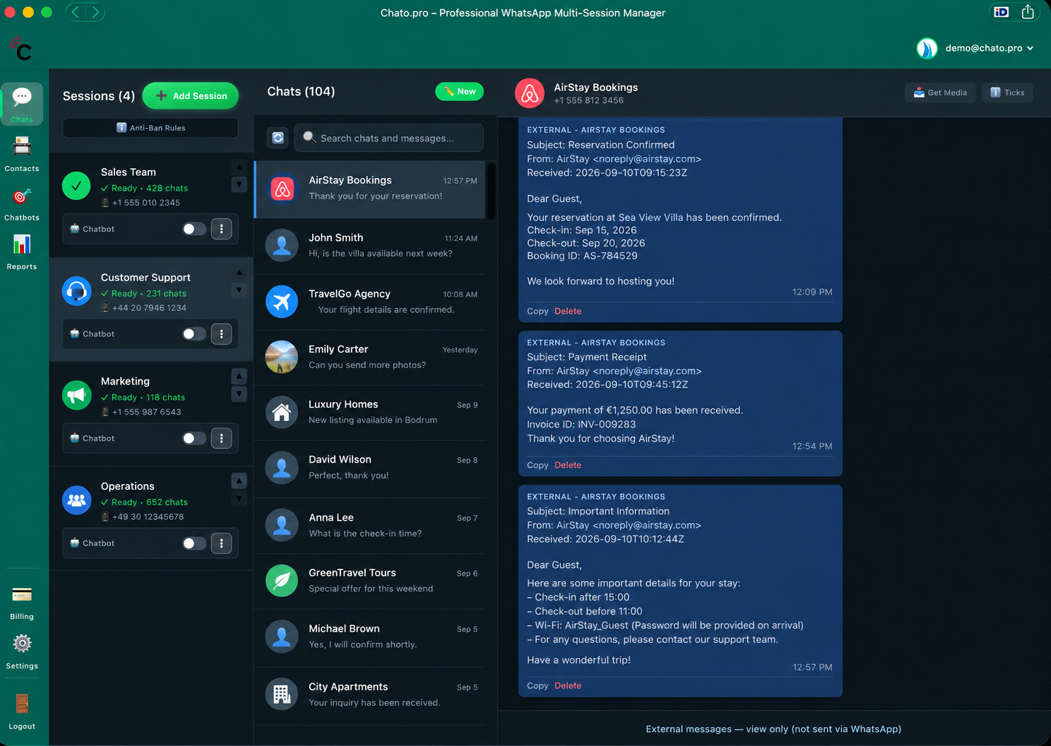 Chato.pro dashboard: four connected WhatsApp numbers on the left, their chats in the middle, and External API messages on the right